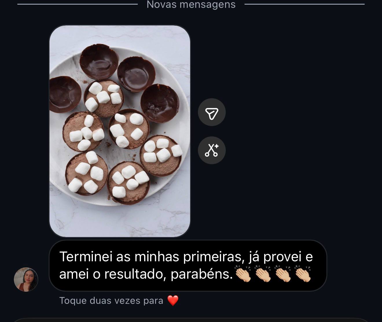 Print de mensagem de aluna com as primeiras cápsulas prontas