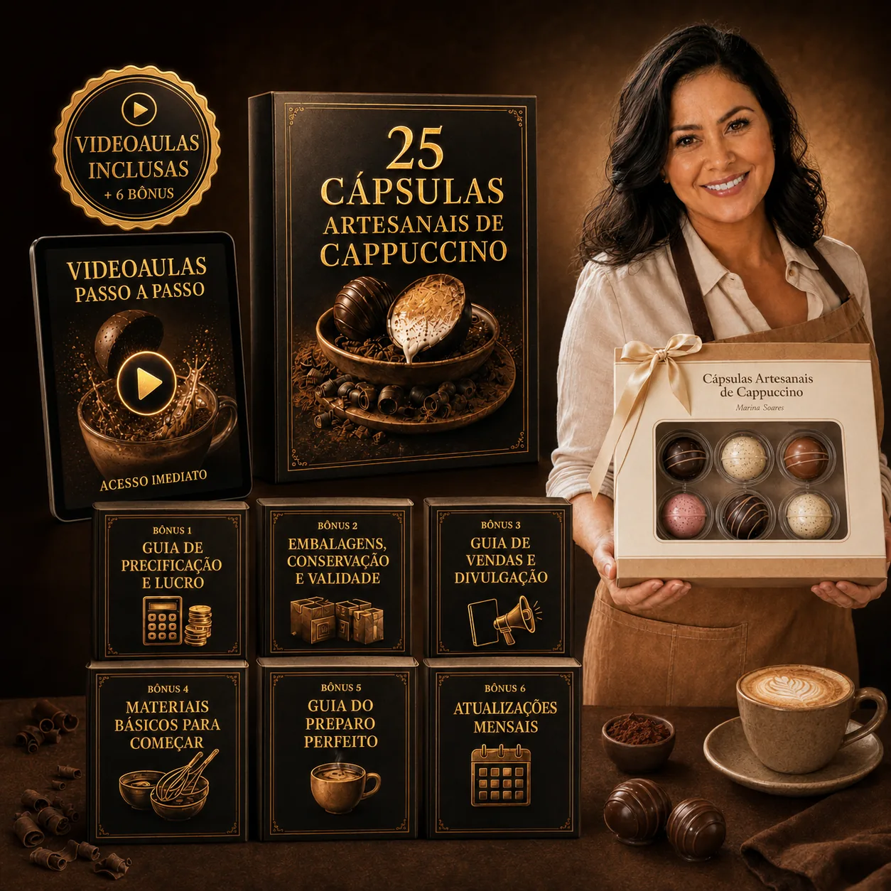 Mockup das 25 Receitas de Cápsulas Artesanais de Cappuccino com videoaulas e seis bônus especiais