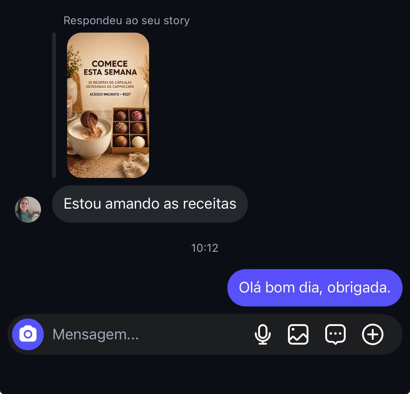Print de mensagem de aluna elogiando as receitas